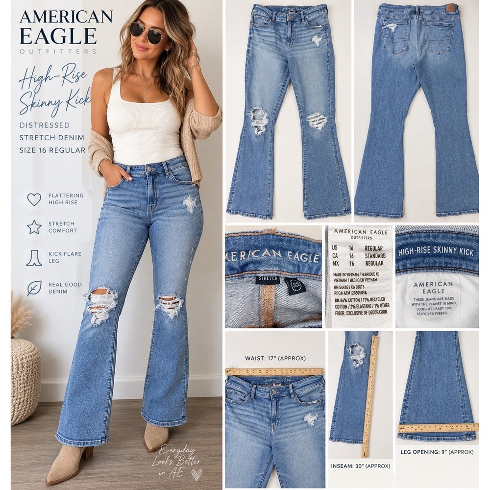 American Eagle Jeans Womens 16 Regular High Rise Skinny Kick Flare Distressed